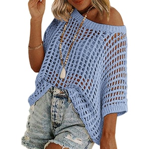 Zeagoo Short Sleeve Crochet Sweater Lightweight Summer Tops Beach Cover Ups(Light Blue)