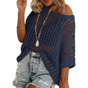 Zeagoo Short Sleeve Crochet Sweater Lightweight Summer Tops Beach Cover Ups(Navy Blue)