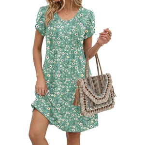 Zeagoo Summer Dresses for Women Casual A Line Dress 2026 V Neck Short Dresses Floral Sundress Pleated Boho Dress(Green Floral 02)