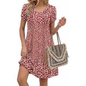 Zeagoo Summer Dresses for Women Casual A Line Dress 2026 V Neck Short Dresses Floral Sundress Pleated Boho Dress(Red Floral)