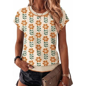 Zeagoo Sweaters for Women Tops Short Sleeve Crewneck Basic Fashion Clothing(Floral Apricot-sf167)