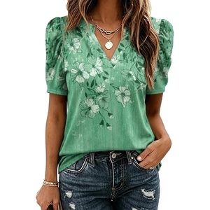 Zeagoo Women Blouses Puff Short Sleeve Tops V Neck Dressy Casual Spring Shirts Boho Floral Cute Clothes 2026(Bf180-green Flowers)