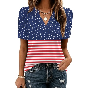 Zeagoo Women Blouses Puff Short Sleeve Tops V Neck Dressy Casual Spring Shirts Boho Floral Cute Clothes 2026(Gq50- Flag)