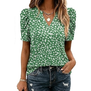 Zeagoo Women Blouses Puff Short Sleeve Tops V Neck Dressy Casual Spring Shirts Boho Floral Cute Clothes 2026(Jh560-green)