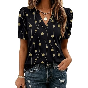 Zeagoo Women Blouses Puff Short Sleeve Tops V Neck Dressy Casual Spring Shirts Boho Floral Cute Clothes 2026(Jh601-black)