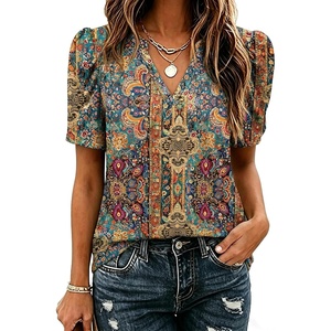 Zeagoo Women Blouses Puff Short Sleeve Tops V Neck Dressy Casual Spring Shirts Boho Floral Cute Clothes 2026(Mz721-multicolored)