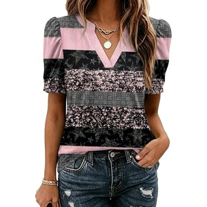 Zeagoo Women Blouses Puff Short Sleeve Tops V Neck Dressy Casual Spring Shirts Boho Floral Cute Clothes 2026(Tz245-stripe)
