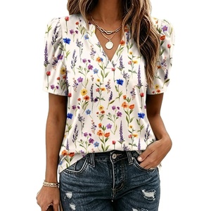Zeagoo Women Blouses Puff Short Sleeve Tops V Neck Dressy Casual Spring Shirts Boho Floral Cute Clothes 2026(Wf109-apricot)