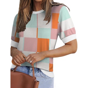 Zeagoo Women Short Sleeve Sweater Summer Crew Neck Dressy Casual Tops(Blue Pink Gw84)