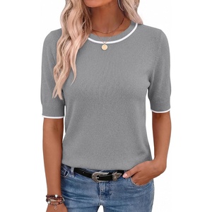 Zeagoo Women Short Sleeve Sweater Summer Crew Neck Dressy Casual Tops(Gray)