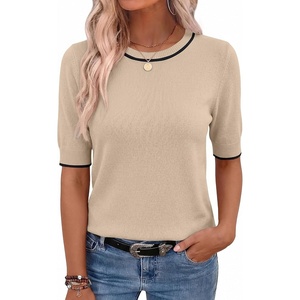 Zeagoo Women Short Sleeve Sweater Summer Crew Neck Dressy Casual Tops(Khaki)
