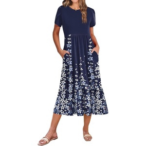 Zeagoo Women Summer Midi A Line Dress Short Sleeve Casual Flowy Tiered Beach Long Sundress with Pockets 2026 Vacation Travel(A01-navy Blue Floral)