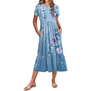 Zeagoo Women Summer Midi A Line Dress Short Sleeve Casual Flowy Tiered Beach Long Sundress with Pockets 2026 Vacation Travel(A02-blue Floral-2)