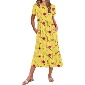 Zeagoo Women Summer Midi A Line Dress Short Sleeve Casual Flowy Tiered Beach Long Sundress with Pockets 2026 Vacation Travel(Bf351)