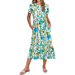 Zeagoo Women Summer Midi A Line Dress Short Sleeve Casual Flowy Tiered Beach Long Sundress with Pockets 2026 Vacation Travel(Blue Brown Floral)
