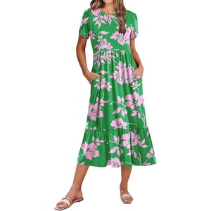 Zeagoo Women Summer Midi A Line Dress Short Sleeve Casual Flowy Tiered Beach Long Sundress with Pockets 2026 Vacation Travel(Dh594)