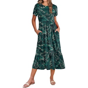 Zeagoo Women Summer Midi A Line Dress Short Sleeve Casual Flowy Tiered Beach Long Sundress with Pockets 2026 Vacation Travel(Green Leaf)