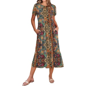 Zeagoo Women Summer Midi A Line Dress Short Sleeve Casual Flowy Tiered Beach Long Sundress with Pockets 2026 Vacation Travel(Mz721)