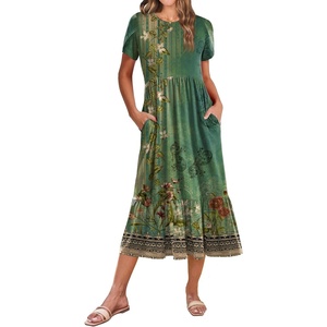 Zeagoo Women Summer Midi A Line Dress Short Sleeve Casual Flowy Tiered Beach Long Sundress with Pockets 2026 Vacation Travel(Mz840)