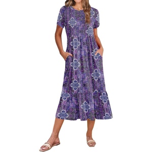 Zeagoo Women Summer Midi A Line Dress Short Sleeve Casual Flowy Tiered Beach Long Sundress with Pockets 2026 Vacation Travel(Mz907)
