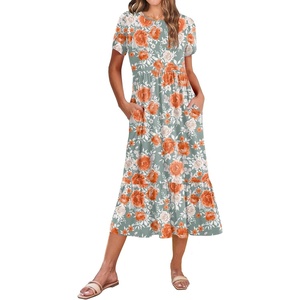 Zeagoo Women Summer Midi A Line Dress Short Sleeve Casual Flowy Tiered Beach Long Sundress with Pockets 2026 Vacation Travel(Red White Floral)