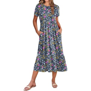 Zeagoo Women Summer Midi A Line Dress Short Sleeve Casual Flowy Tiered Beach Long Sundress with Pockets 2026 Vacation Travel(Rose Red Floral)