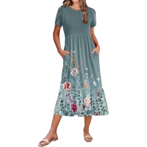 Zeagoo Women Summer Midi A Line Dress Short Sleeve Casual Flowy Tiered Beach Long Sundress with Pockets 2026 Vacation Travel(Wf115)