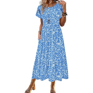 Zeagoo Women Summer Midi A Line Dress Short Sleeve Casual Flowy Tiered Beach Long Sundress with Pockets 2026 Vacation Travel(Xh41)