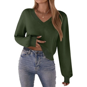 Zeagoo Women V-Neck Cropped Sweater Fall Long Sleeve Knit Pullover Tops(Army Green)