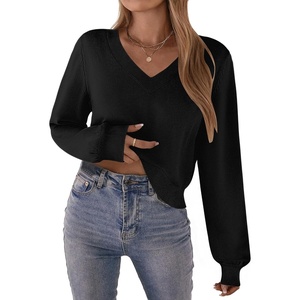 Zeagoo Women V-Neck Cropped Sweater Fall Long Sleeve Knit Pullover Tops(Black)