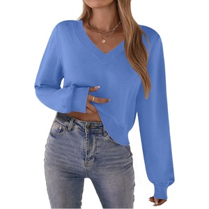 Zeagoo Women V-Neck Cropped Sweater Fall Long Sleeve Knit Pullover Tops(Blue)