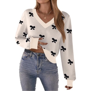 Zeagoo Women V-Neck Cropped Sweater Fall Long Sleeve Knit Pullover Tops(Bowknot Beige)