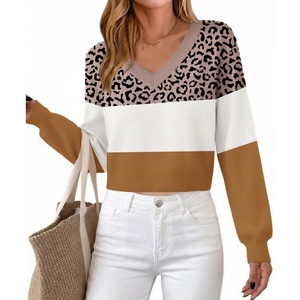 Zeagoo Women V-Neck Cropped Sweater Fall Long Sleeve Knit Pullover Tops(Brown Leopard)
