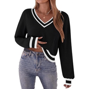 Zeagoo Women V-Neck Cropped Sweater Fall Long Sleeve Knit Pullover Tops(Color Block Black)