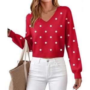 Zeagoo Women V-Neck Cropped Sweater Fall Long Sleeve Knit Pullover Tops(Dot Red)