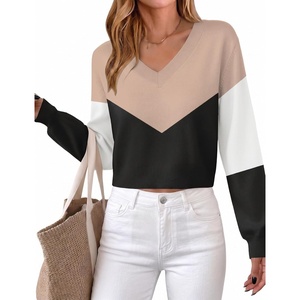 Zeagoo Women V-Neck Cropped Sweater Fall Long Sleeve Knit Pullover Tops(Khaki Black)