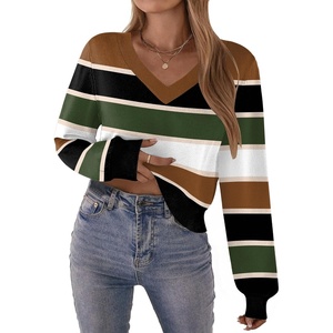 Zeagoo Women V-Neck Cropped Sweater Fall Long Sleeve Knit Pullover Tops(Multi-brown)