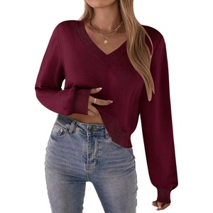 Zeagoo Women V-Neck Cropped Sweater Fall Long Sleeve Knit Pullover Tops(Wine Red)