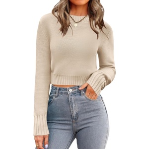 Zeagoo Women’s 2026 Fall Crewneck Cropped Sweaters Long Sleeve Knit Tops(Beige)