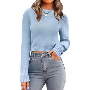 Zeagoo Women’s 2026 Fall Crewneck Cropped Sweaters Long Sleeve Knit Tops(Light Blue)