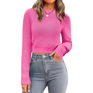 Zeagoo Women’s 2026 Fall Crewneck Cropped Sweaters Long Sleeve Knit Tops(Pink)