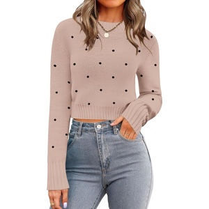 Zeagoo Women’s 2026 Fall Crewneck Cropped Sweaters Long Sleeve Knit Tops(Polka Dot Khaki)