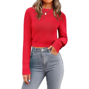 Zeagoo Women’s 2026 Fall Crewneck Cropped Sweaters Long Sleeve Knit Tops(Red)