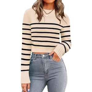 Zeagoo Women’s 2026 Fall Crewneck Cropped Sweaters Long Sleeve Knit Tops(Z-apricot Black Stripe)