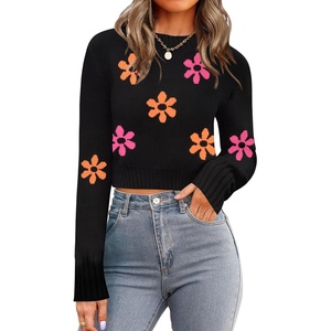 Zeagoo Women’s 2026 Fall Crewneck Cropped Sweaters Long Sleeve Knit Tops(Z-black-flower)