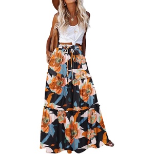 Zeagoo Womens Casual Maxi Skirts for Women 2026 High Waist Boho Skirts Floral Printed Long Flowy Skirt with Pockets(Black-floral-printed)