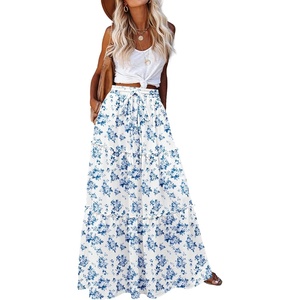 Zeagoo Womens Casual Maxi Skirts for Women 2026 High Waist Boho Skirts Floral Printed Long Flowy Skirt with Pockets(White-floral Printed)