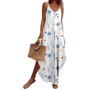 Zeagoo Women’s Casual Sundress Summer Maxi Sleeveless V Neck Split Boho Beach Dress Travel Vacation Dress with Pockets(06-white Floral)