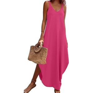 Zeagoo Women’s Casual Sundress Summer Maxi Sleeveless V Neck Split Boho Beach Dress Travel Vacation Dress with Pockets(A03-rose Red)