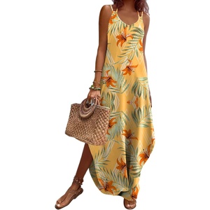 Zeagoo Women’s Casual Sundress Summer Maxi Sleeveless V Neck Split Boho Beach Dress Travel Vacation Dress with Pockets(A03-yellow Floral2)